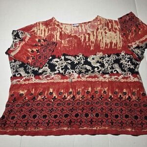 American Sweetheart Plus Size 3XL Red Black Beige Floral Cotton Tunic Blouse
